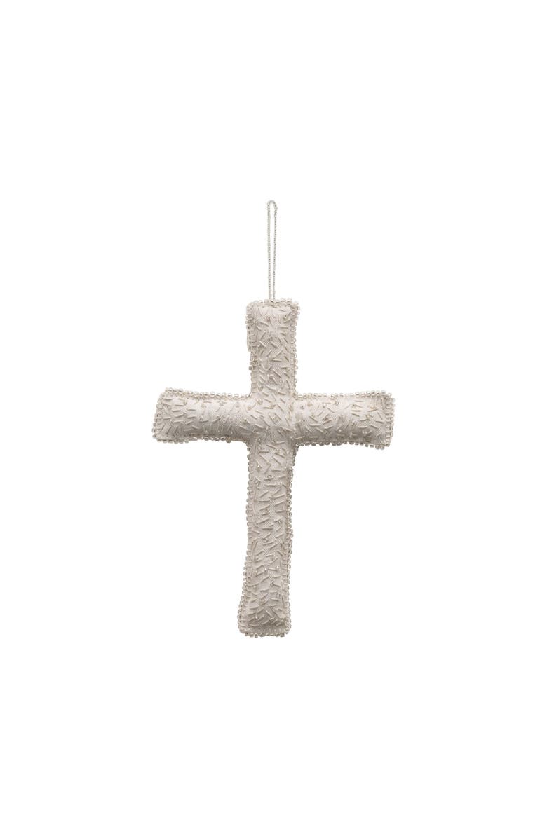 Storied Home Handmade Recycled Fabric Cross with Glass Beads, Main, color, Cream