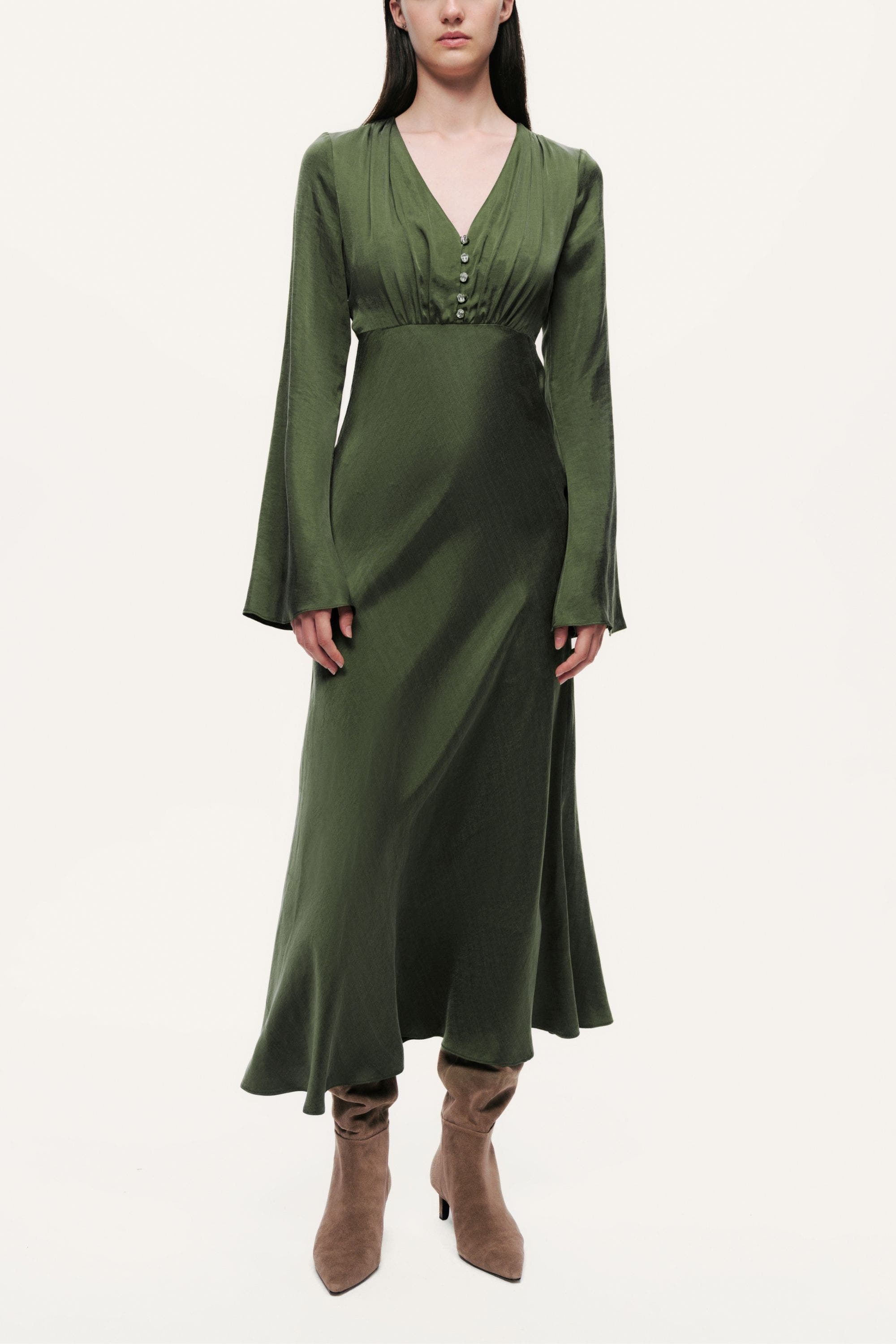 Crystal-Button V-Neck Maxi Dress