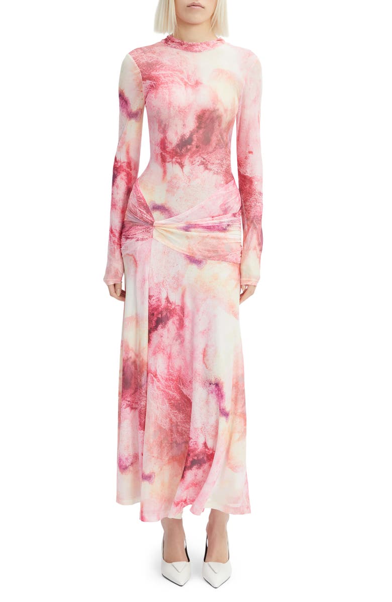 Bardot Lea Ruched Long Sleeve Mesh Maxi Dress, Main, color, Pink Tie Dye