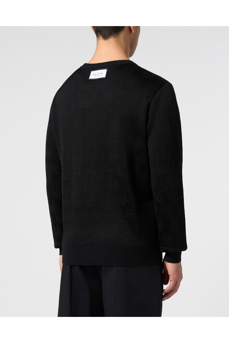 Merino Wool Round Neck Pullover Monogram Men, Alternate, color, black