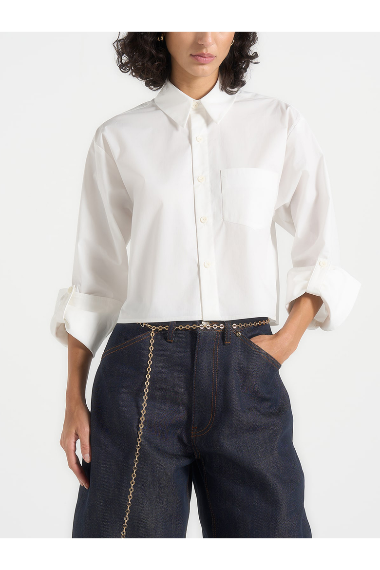 Maura Oversized Cropped Roll Sleeve Cotton Shirt, Alternate, color, White