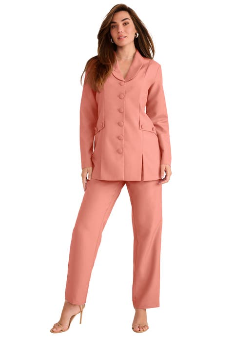 Plus Size Long Sleeve Ten Button Shawl Collar Pant Suit 2 Piece Pant Set