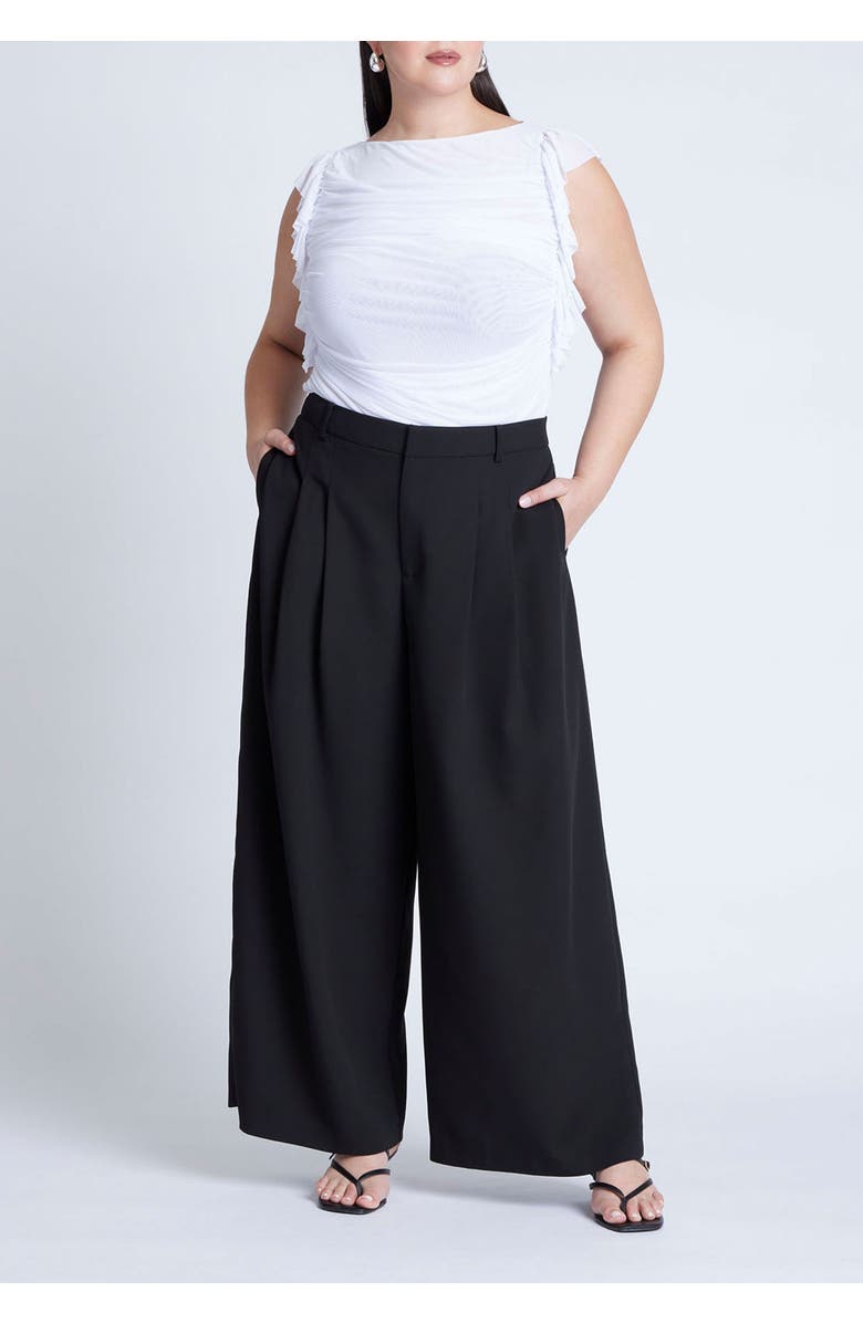 ELOQUII Shirred Mesh Top With Shoulder Flounces, Alternate, color, White