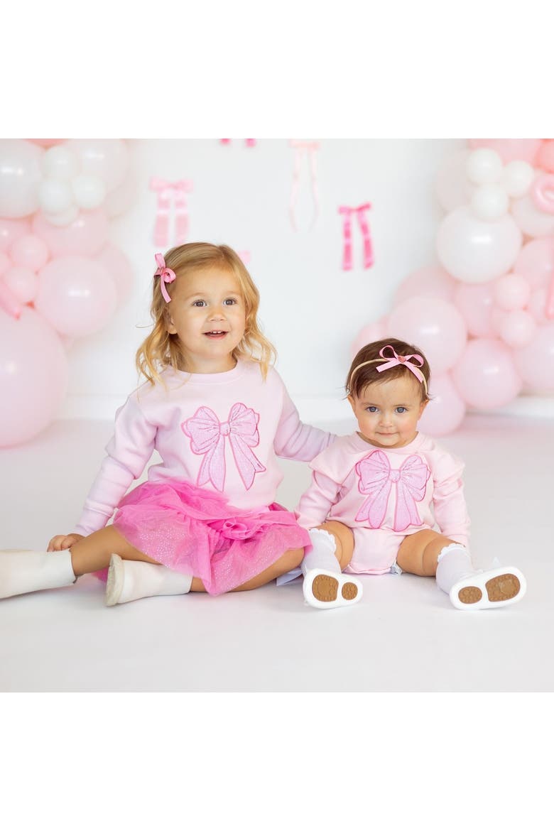 Pink Bow Sequin Patch Long Sleeve Romper, Alternate, color, Ballet Pink