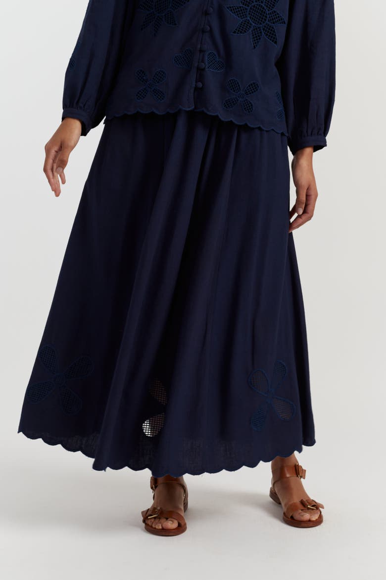Linen-Blend Broderie Skirt, Main, color, Blue