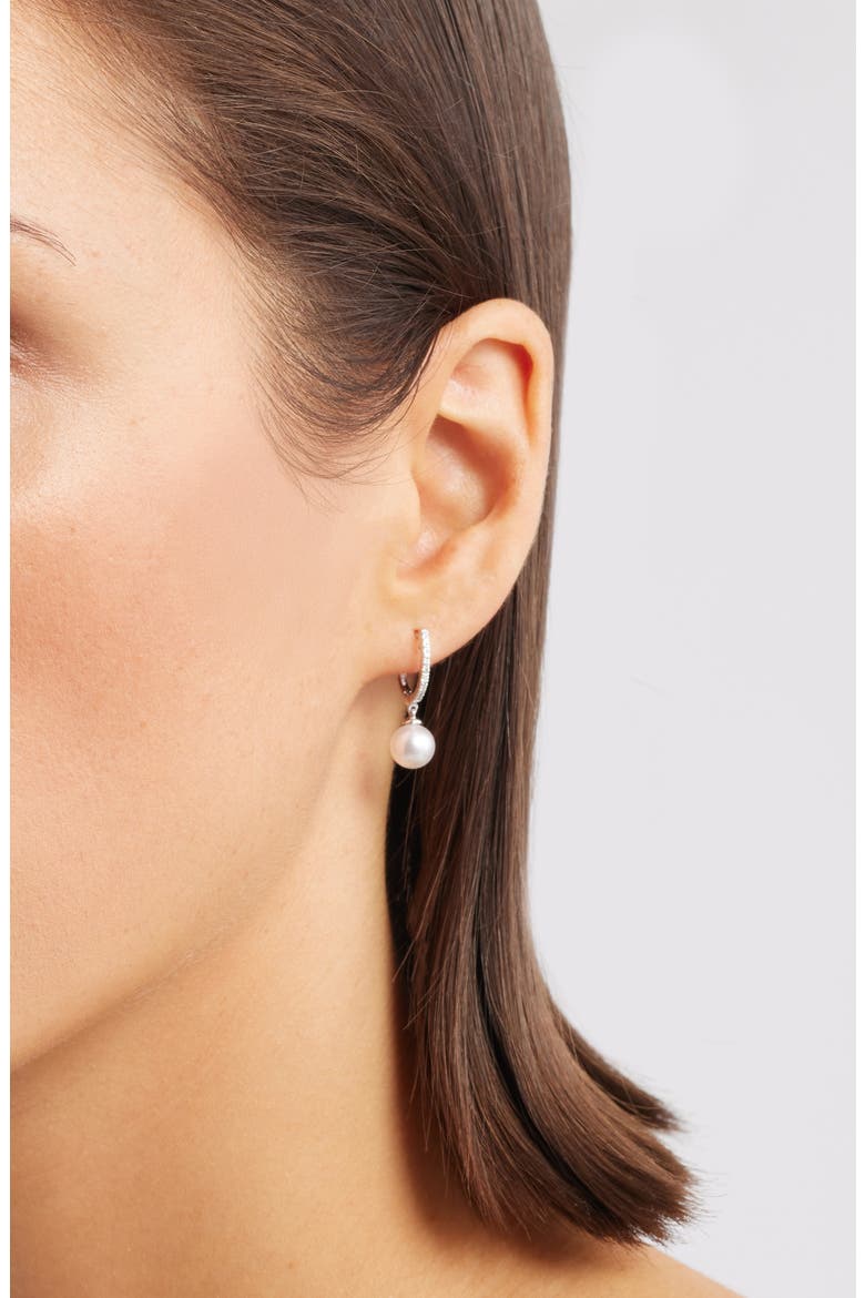 Diamond & Akoya Pearl Hoop Earrings, Alternate, color, WHITE- 14K WHITE GOLD