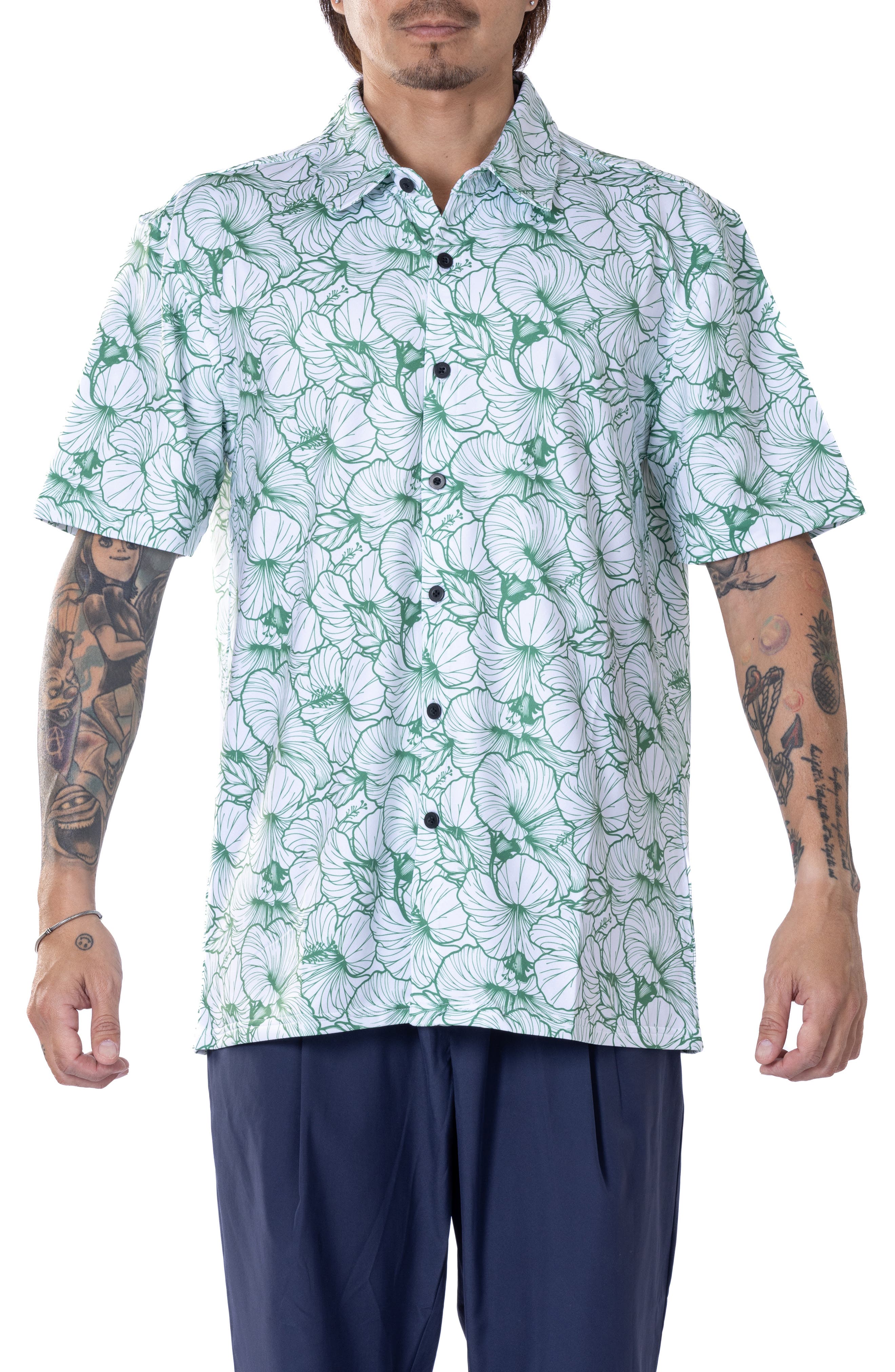 VAST Hibiscus Print Floral Short Sleeve Performance Button-Up Shirt