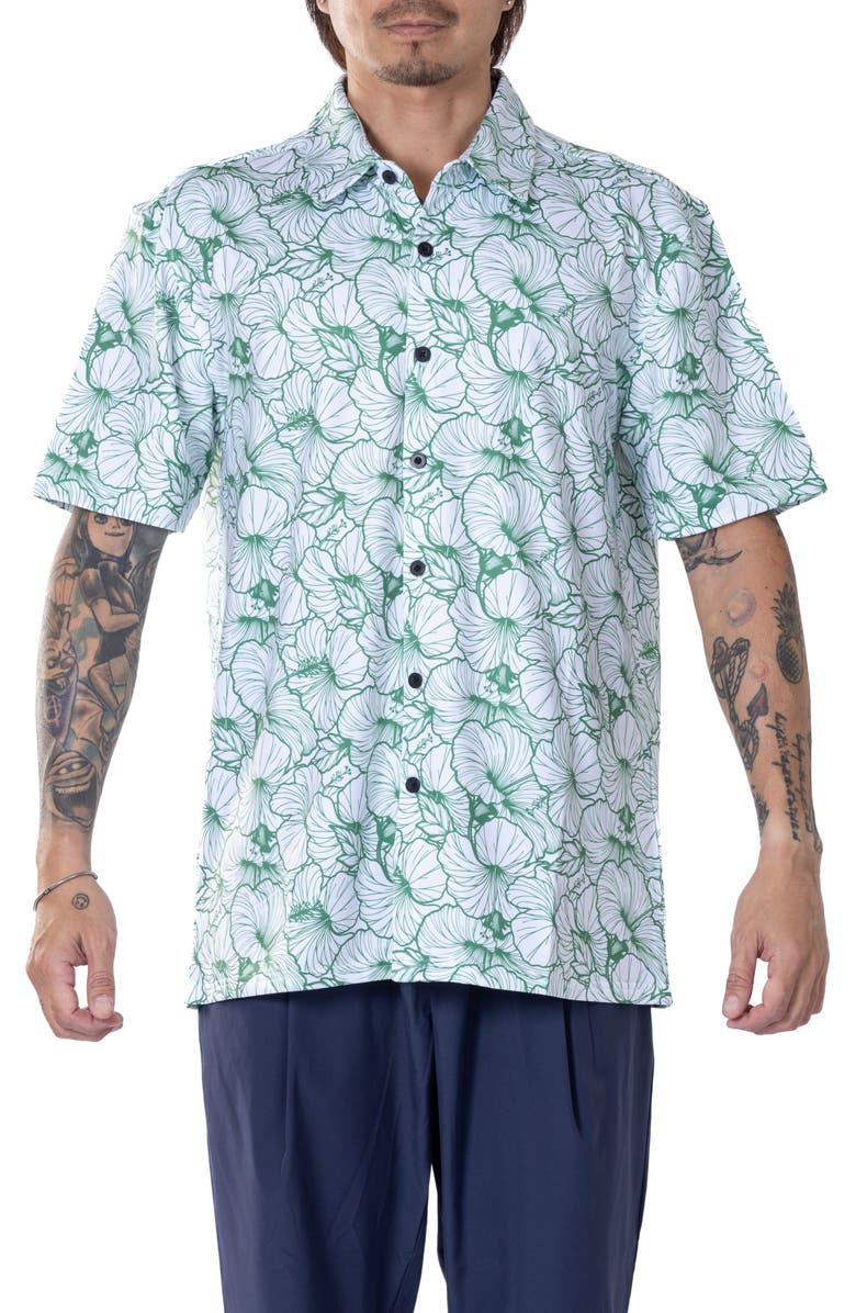 VAST Hibiscus Print Floral Short Sleeve Performance Button-Up Shirt, Main, color, Green