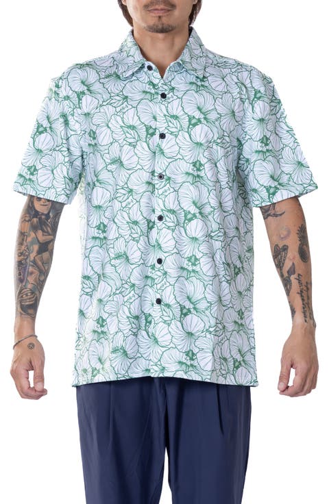 Hibiscus Print Floral Short Sleeve Performance Button-Up Shirt