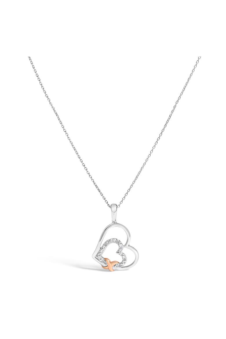 .925 Sterling Silver Double Heart Pendant Necklace with Diamond and 10K Rose Gold Accent, Main, color, White Gold over Silver