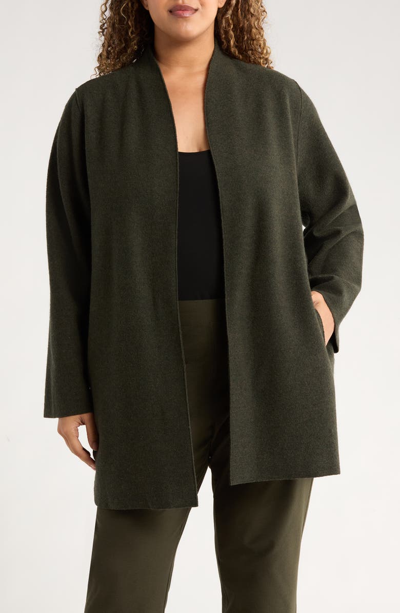 Eileen Fisher High Collar Open Front Boiled Wool Jacket, Main, color, Woodland