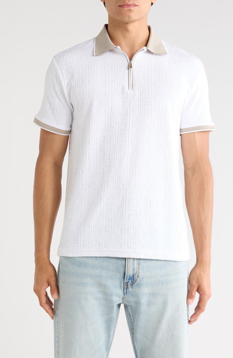 DENIM AND FLOWER Textured Zip Polo, Main, color, Off White