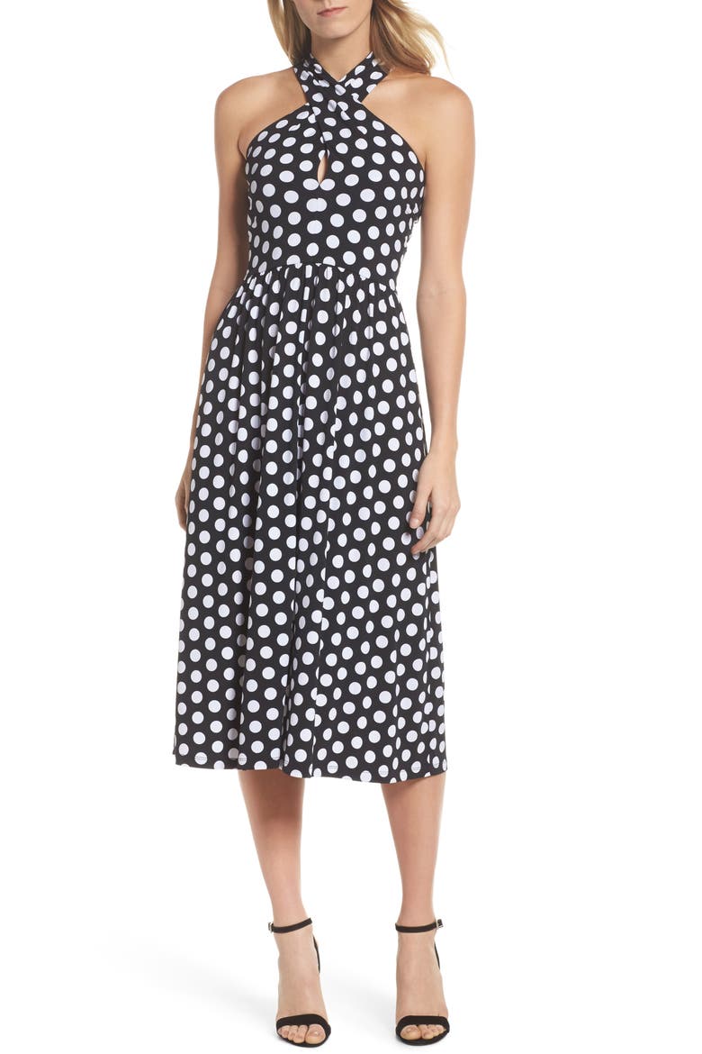 Dot Deluxe Halter Midi Dress, Alternate, color, BLACK/ WHITE