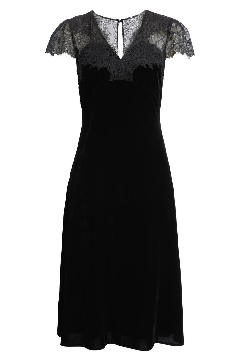Lace & Velvet Midi Dress, Alternate, color, BLACK