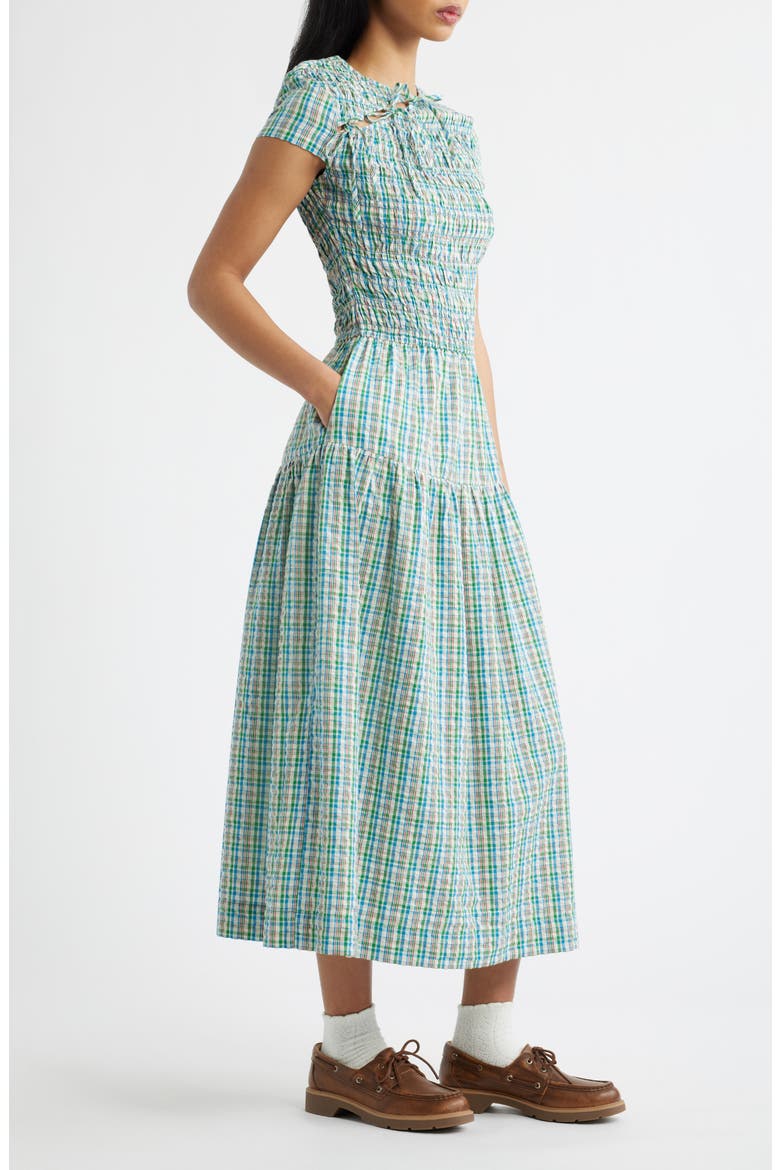 Ebba Plaid Cutout Detail Organic Cotton Dress, Alternate, color, TEAL MULTI