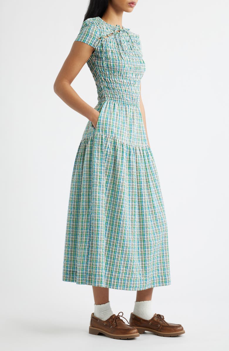 Damson Madder Ebba Plaid Cutout Detail Organic Cotton Dress, Alternate, color, Teal Multi