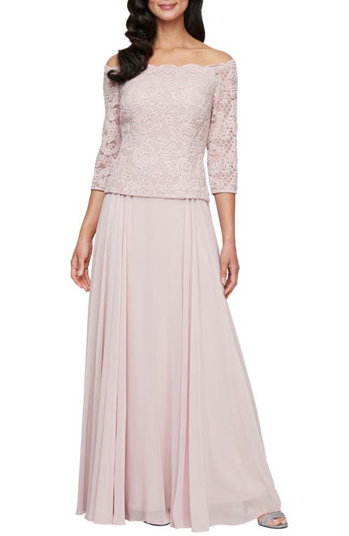 Alex Evenings Mixed Media Off The Shoulder Gown In Blush