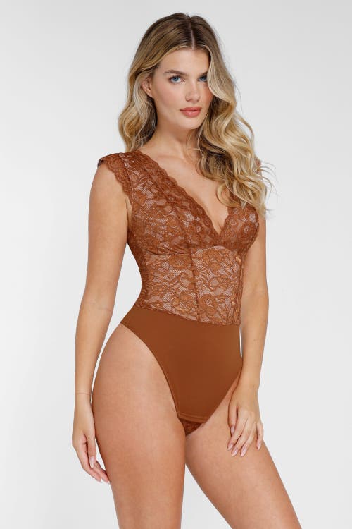 Popilush Shapewear Sculpting Lace Bodysuit Or Midi Skirt Or Shrug In Chocolate