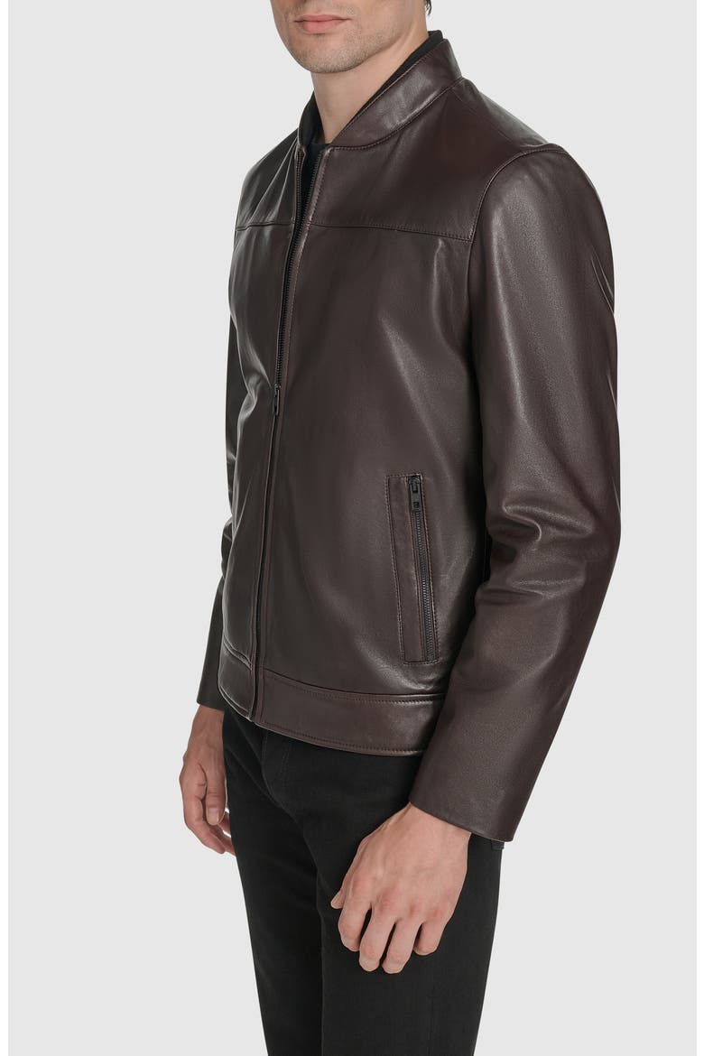 Fine Grain Lambskin Leather Bomber Jacket, Alternate, color, DARK BROWN