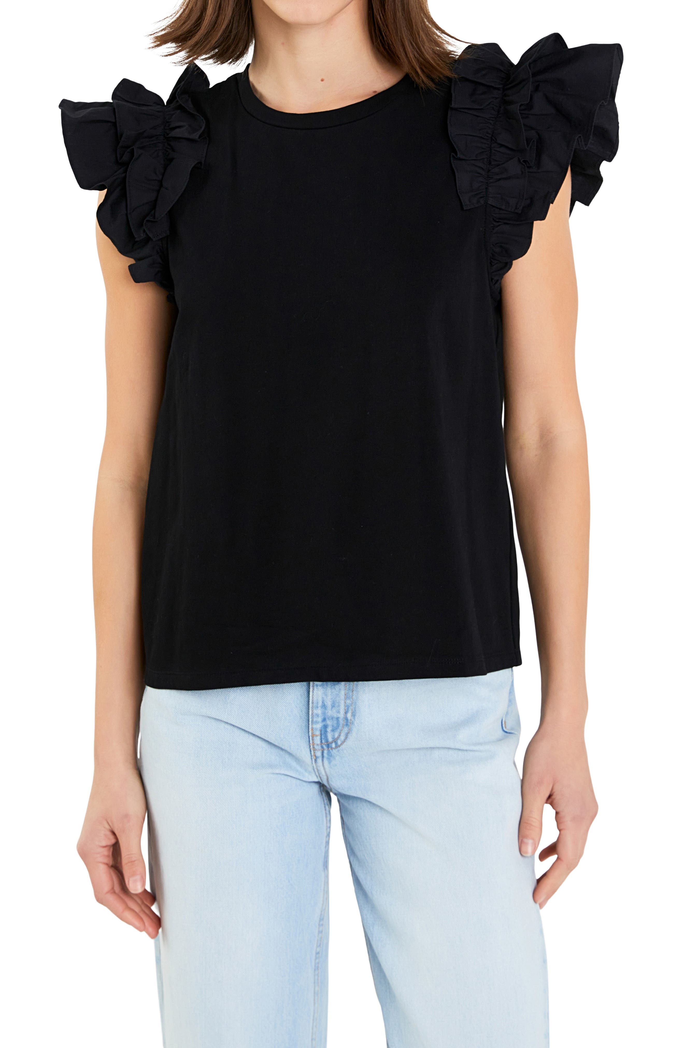 English Factory Ruffle Sleeve Mix Media Cotton Top