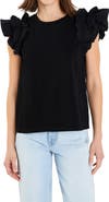 English Factory Ruffle Sleeve Mix Media Cotton Top