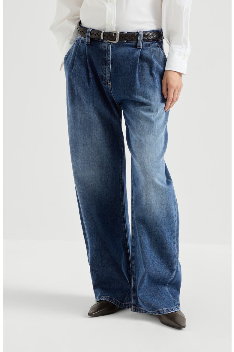 Comfort cotton denim loose curved trousers with monili, Main, color, Medium Denim
