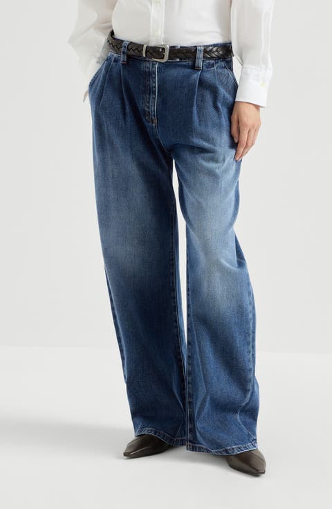 Comfort cotton denim loose curved trousers with monili