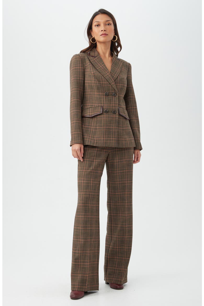 Cassy Plaid Faux Leather Trim Double Breasted Blazer, Alternate, color, BROWN MULTI
