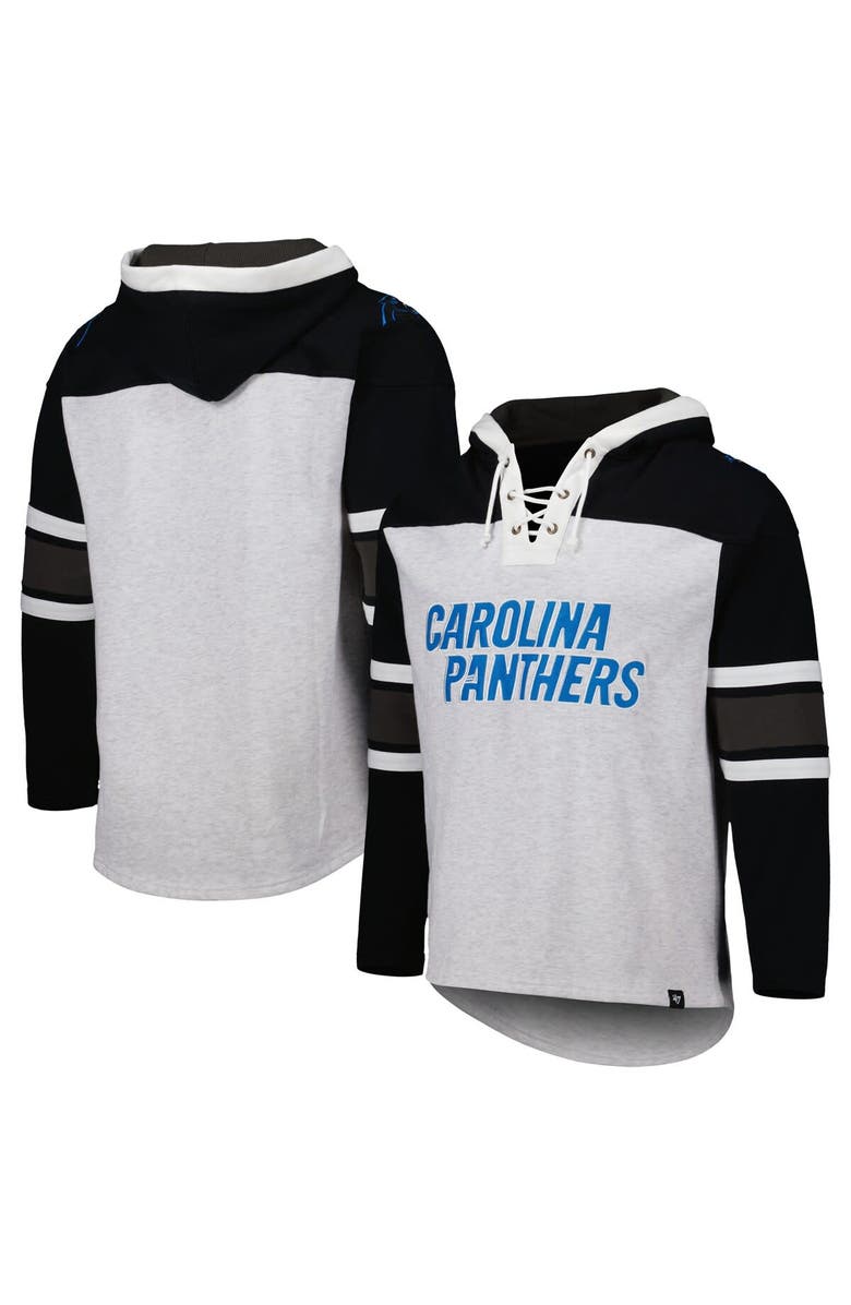 '47 Men's '47 Carolina Panthers Heather Gray Gridiron Lace-Up Pullover Hoodie, Main, color, Gray