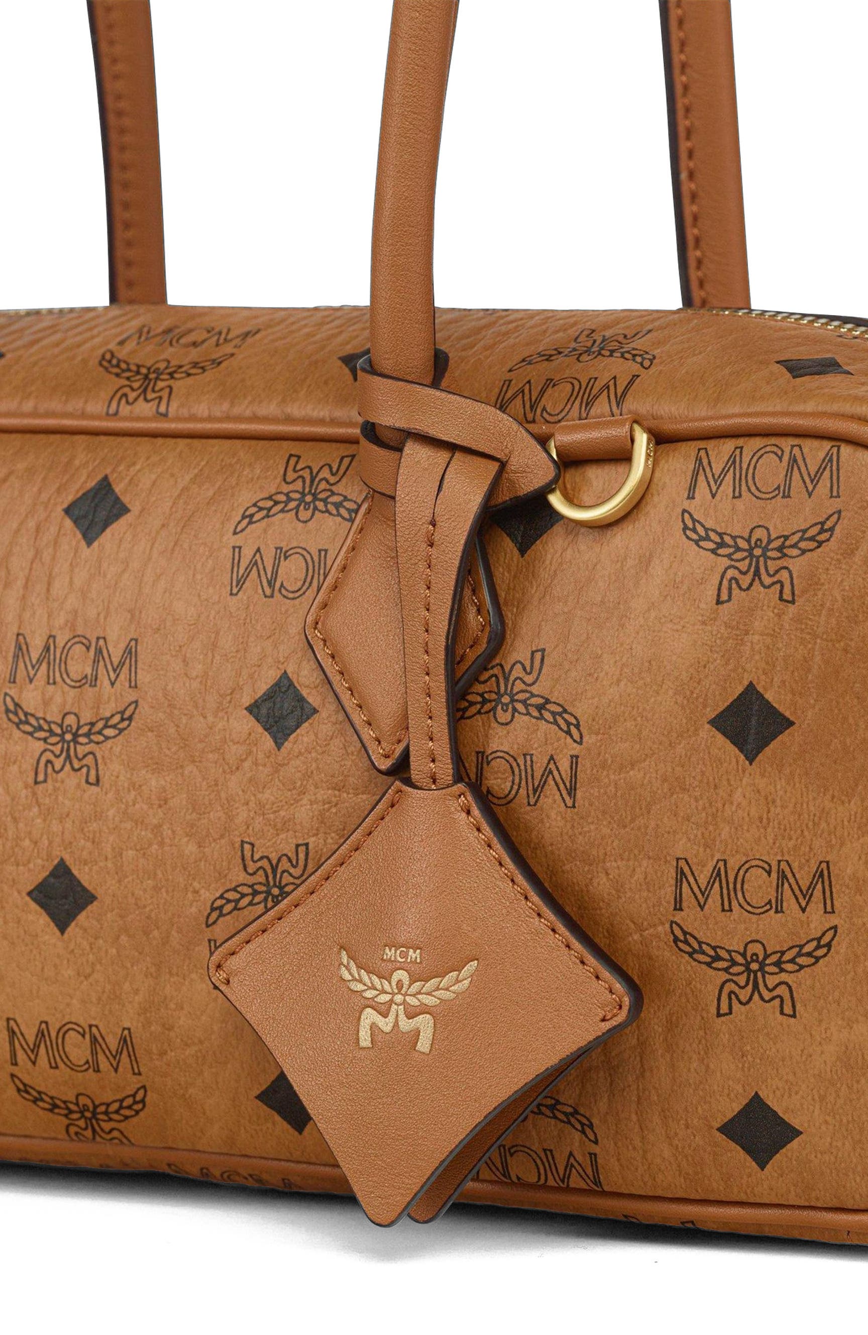MCM Small Aren East West Shoulder Bag in Visetos, Alternate, color, Cognac