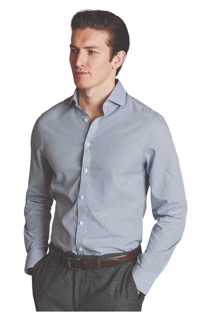 Charles Tyrwhitt Non-Iron Poplin Mini Gingham Check Cutaway Slim Fit Shirt Single Cuff, Main, color, Light Grey