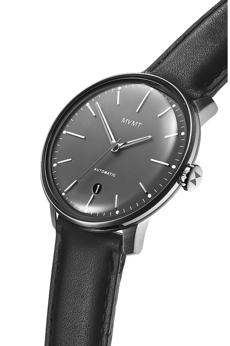 MVMT Automatic Leather Strap Watch, 41mm, Alternate, color, GUNMETAL/ BLACK