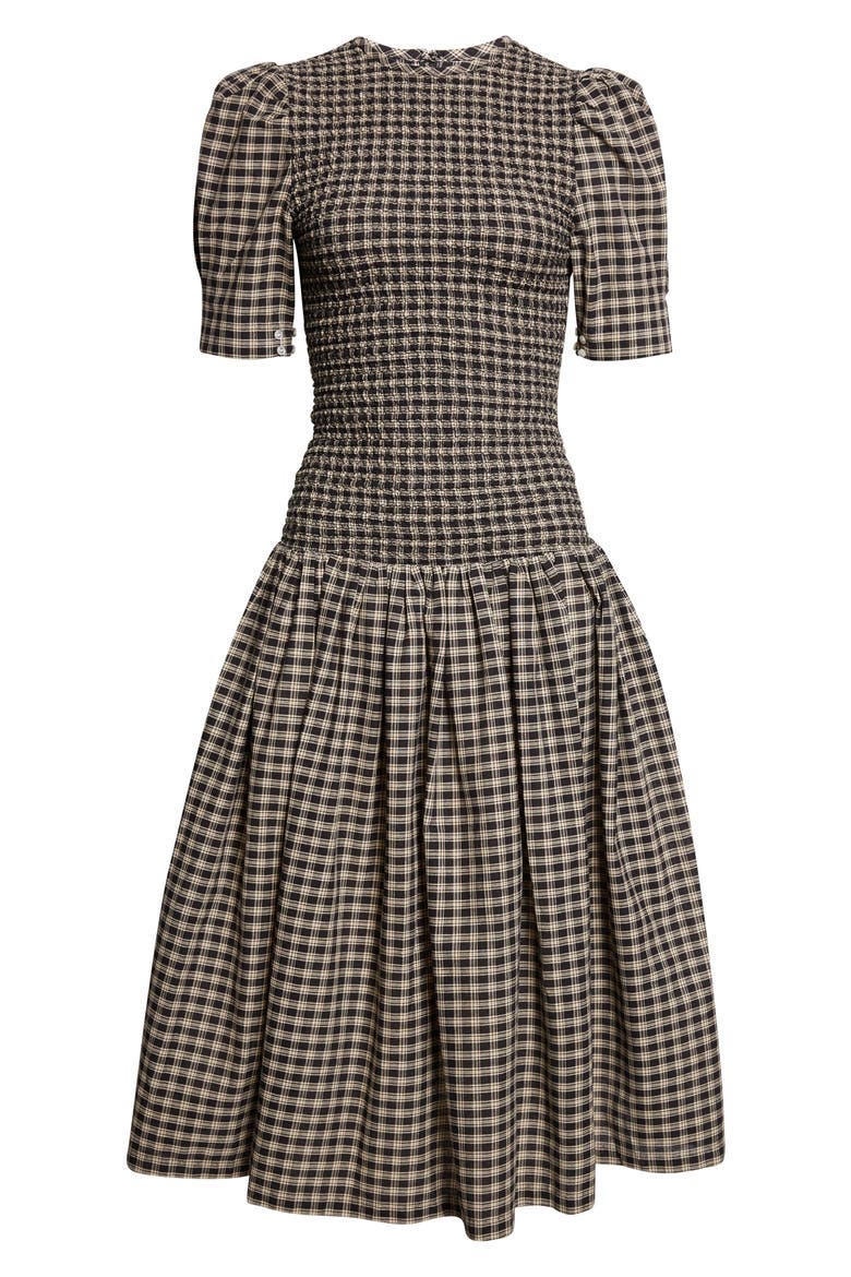 Gender Inclusive Imelda Smocked Plaid Midi Dress, Alternate, color, BLACK