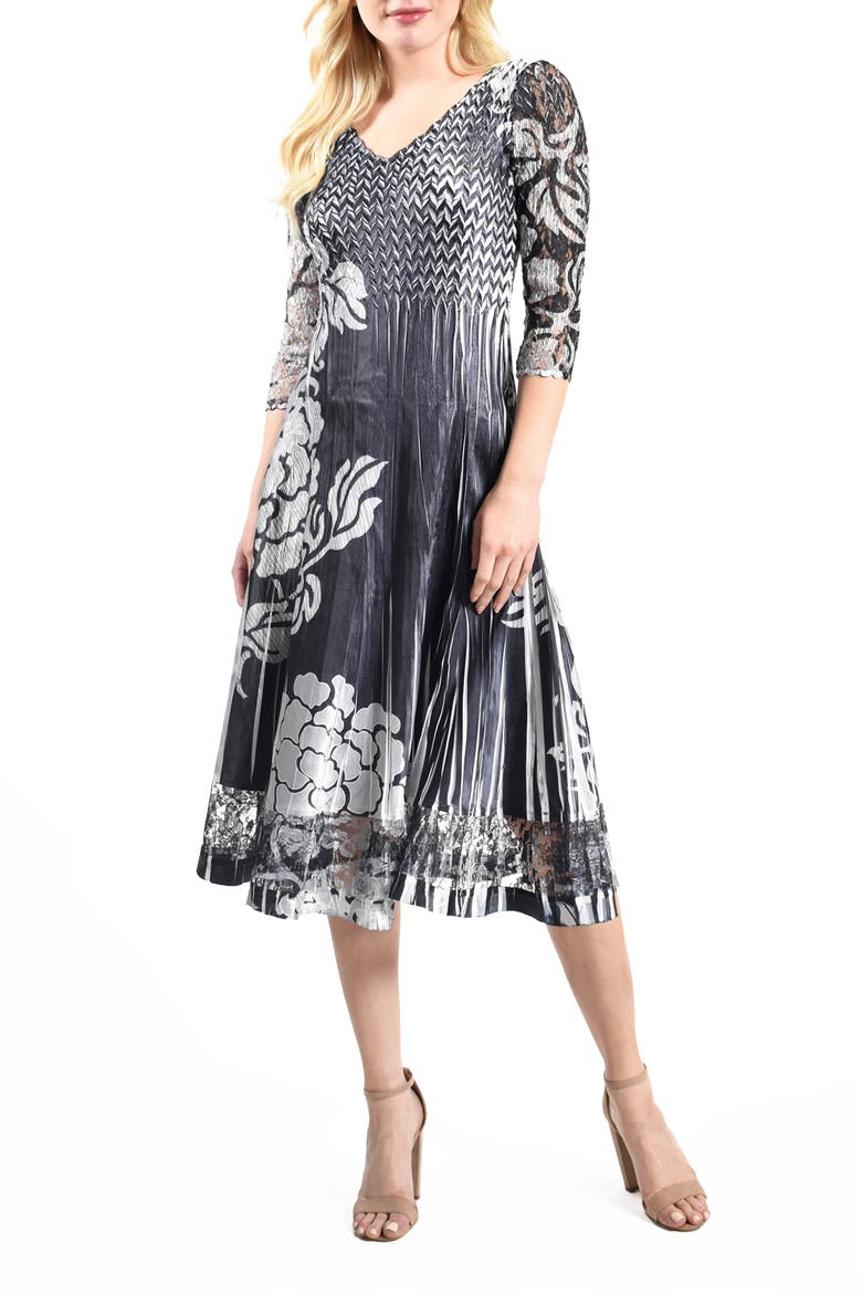 Silver Stencil Printed Charmeuse 3/4 Sleeve Dress, Main, color, Black/Silver Brocade