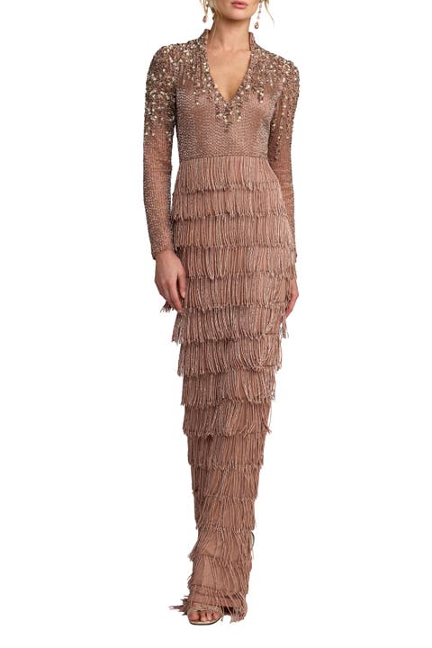 Petite Beaded Long Sleeve Fringe Column Gown