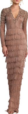 Mac Duggal Long Sleeve Embellished Fringe Gown