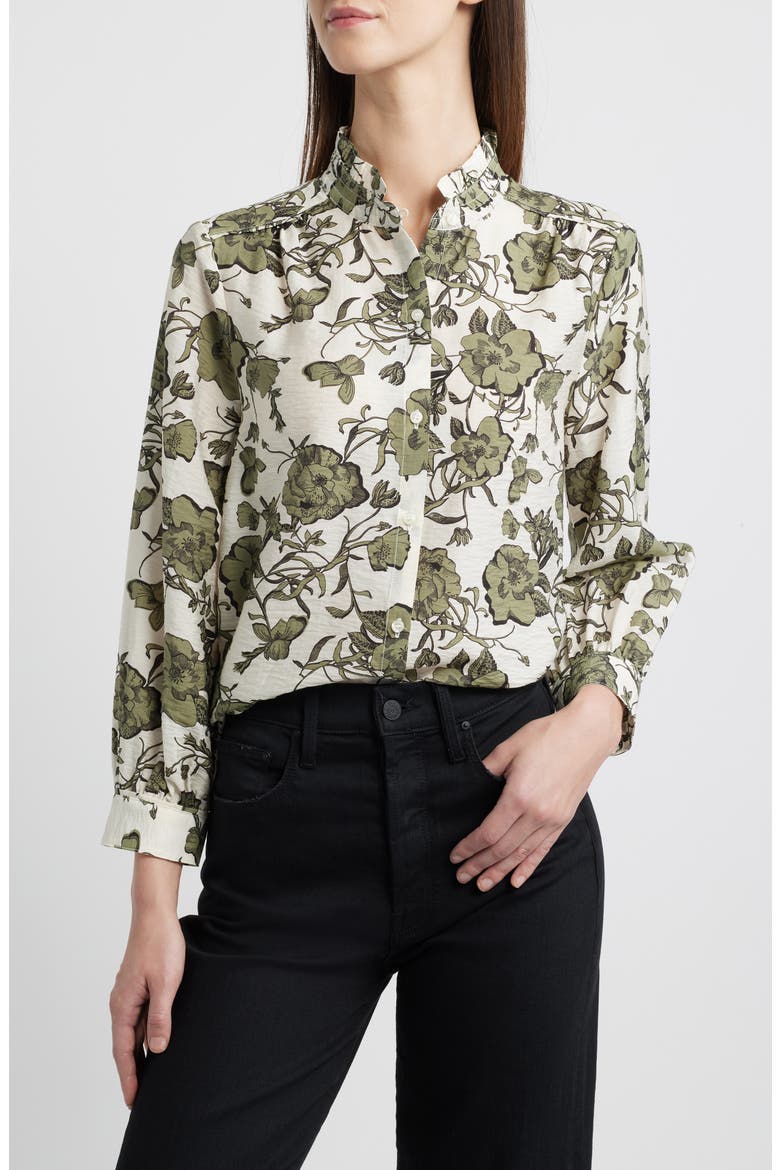 Ruffle Button-Up Shirt, Main, color, IVORY- GREEN SMALL FLORAL