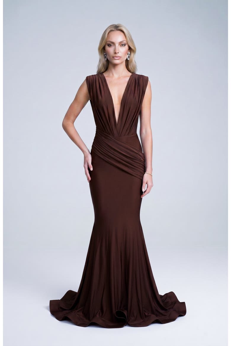 Ruched Plunge Pleated Sleeveless Mermaid Gown, Alternate, color, Brown