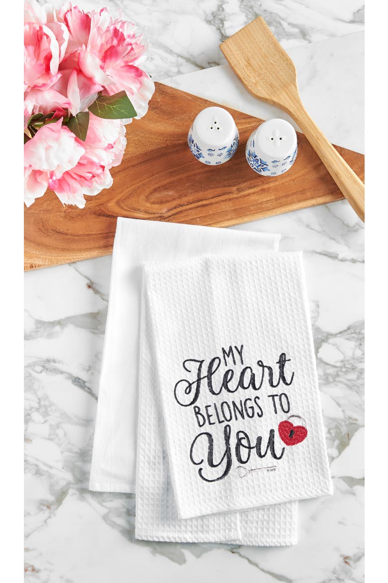"Heart Belongs To You" Embroidered 100% Cotton Waffle Weave Valentine's Day Dishtowel, Alternate, color, White