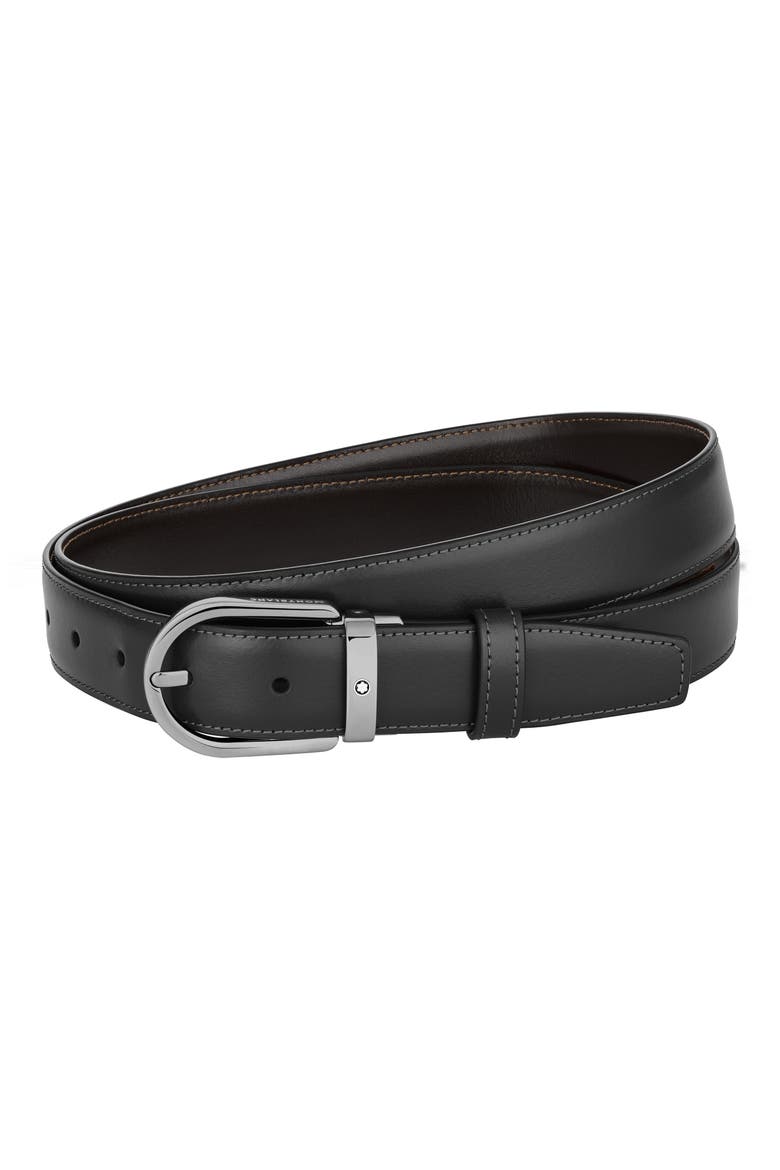 Horseshoe Buckle Reversible Leather Belt, Main, color, BLACK