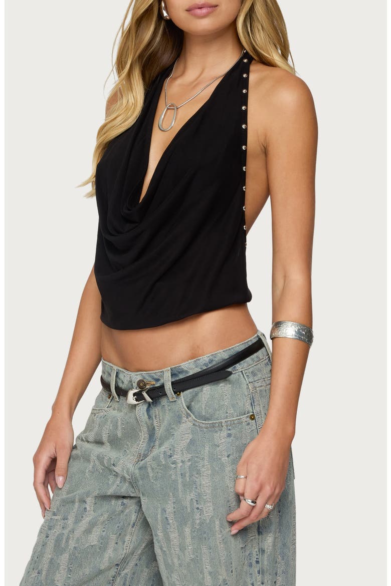 Irina Studded Cowl Neck Halter Top, Alternate, color, BLACK