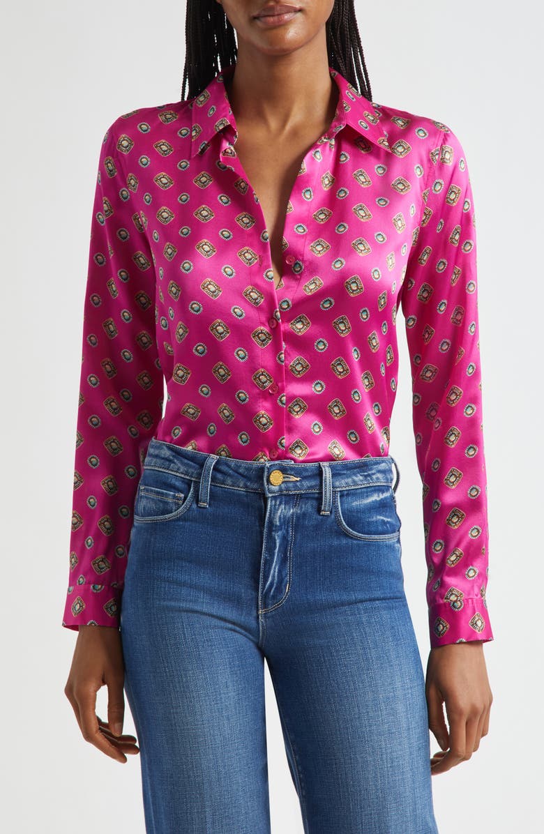 L'AGENCE Tyler Geometric Turquoise Print Silk Button-Up Shirt, Main, color, Fuchsia/ Turquoise Geometric