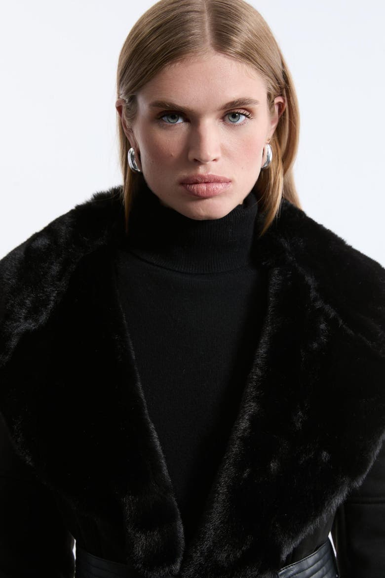 Faux Shearling Belted Midi Coat, Alternate, color, Black