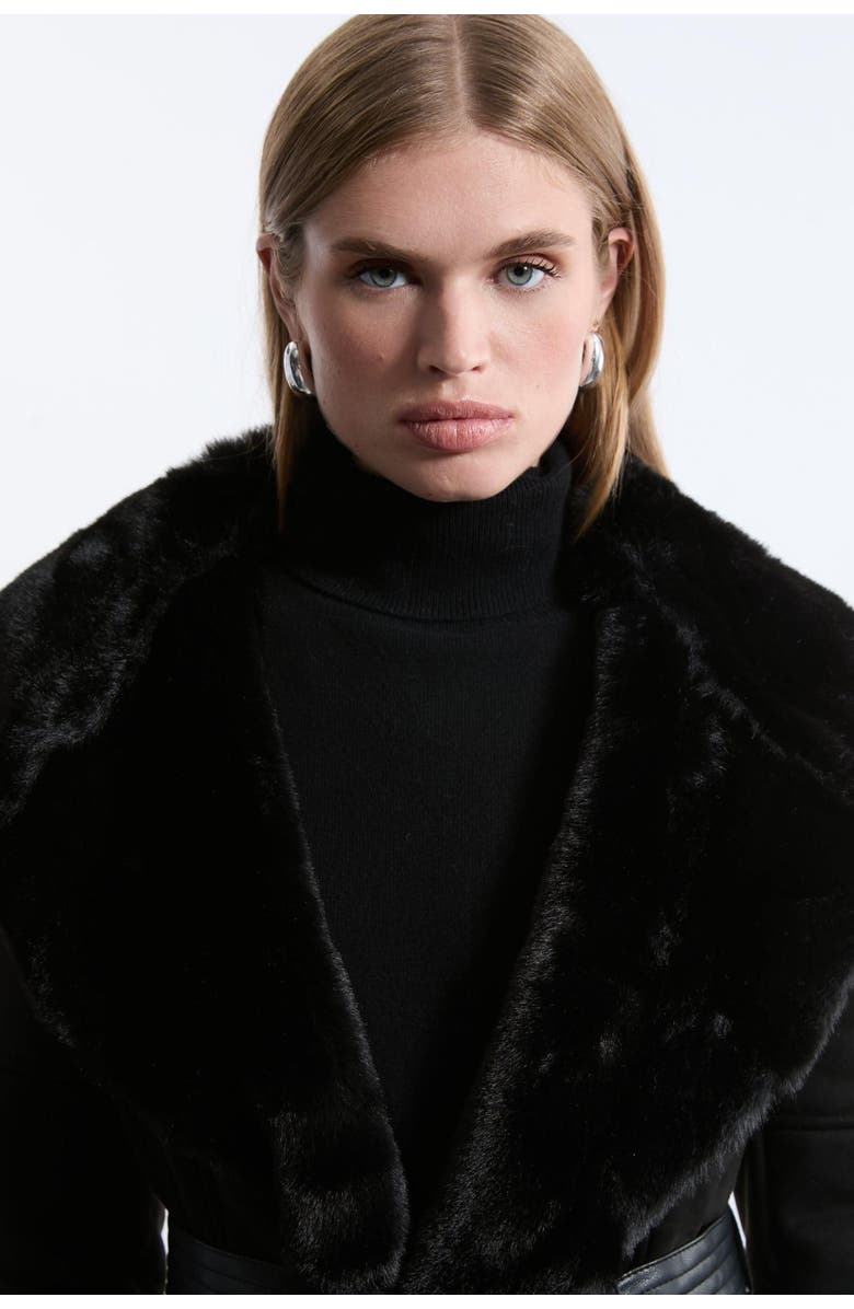 Karen Millen Faux Shearling Belted Midi Coat, Alternate, color, Black