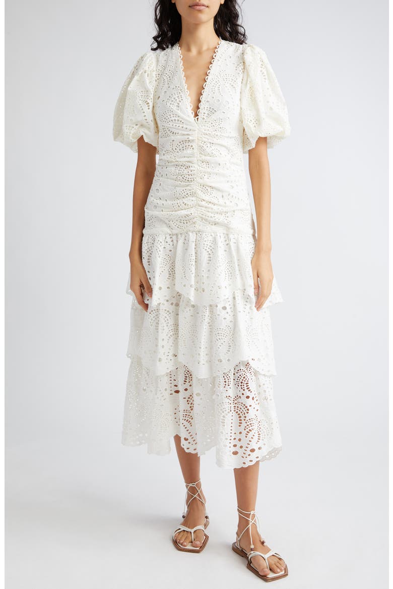 white cotton eyelet puff sleeve midi dress Scoop Women's Eyelet Cutout Cotton Midi Dress, Sizes 0-18, Size: 14, White