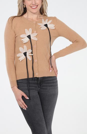 Rain And Rose Floral Appliqué Cardigan In Brown