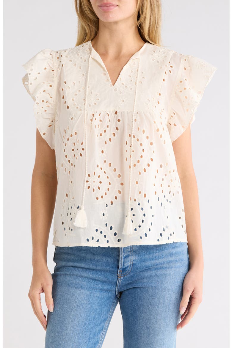 Eyelet Tie Front Cotton Top, Main, color, NATURAL