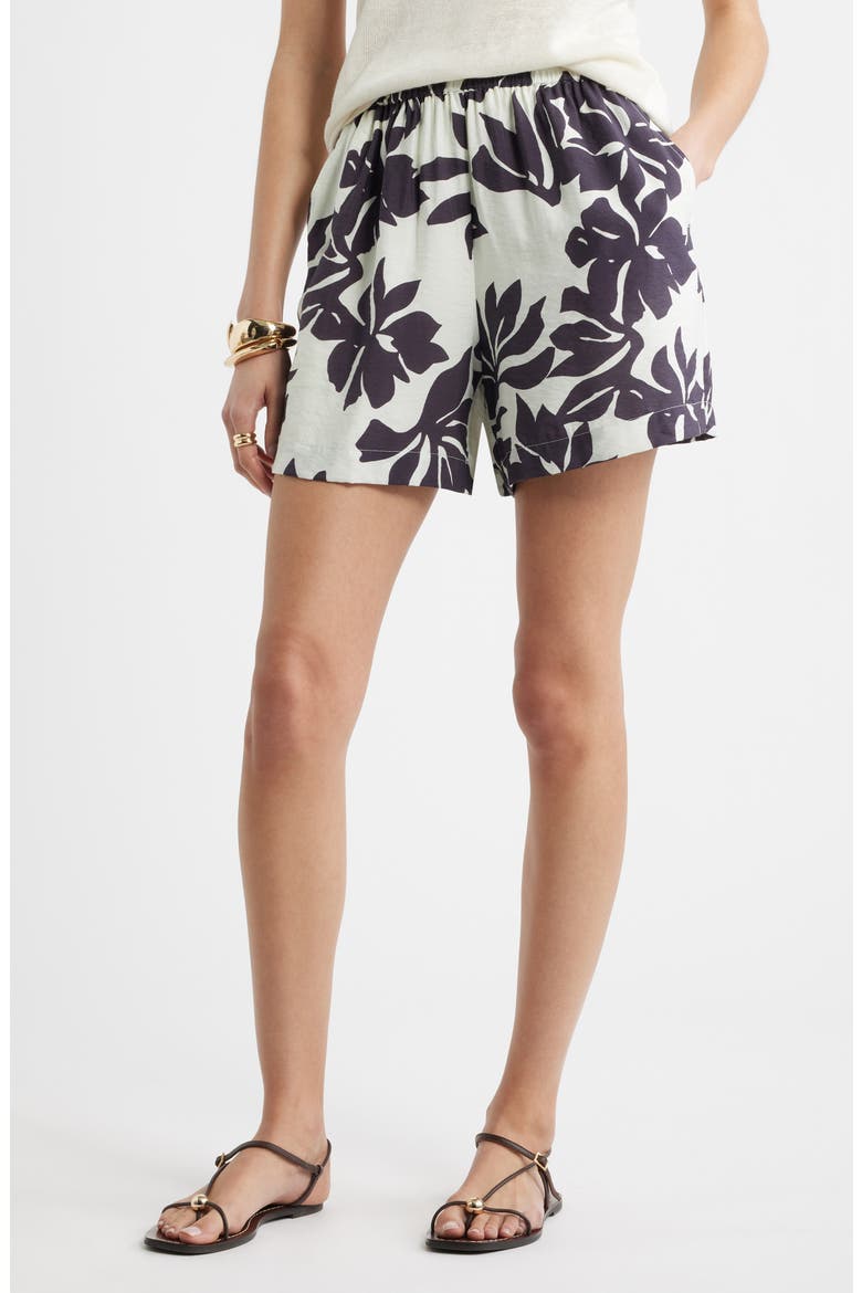 Floral Print High Waist Shorts, Main, color, IVORY- BURGUNDY SPACIAL BLOOM