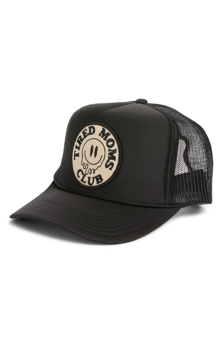 Friday Feelin’ Tired Moms Club Patch Trucker Hat, Main, color, Black