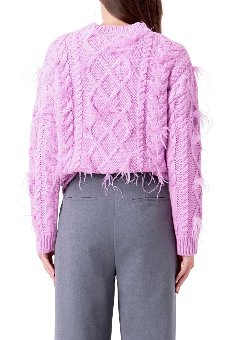 Feather Trim Cable Knit Sweater, Alternate, color, LILAC